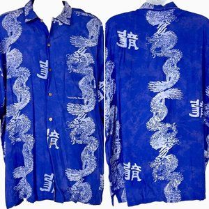 Chinese Dragon Batik Rayon XXL Blue Buttton Shirt size 2XL Mens 56x34 Bamboo